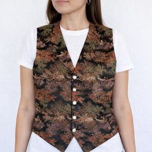Vintage H.G. Ammer Tapestry Vest Scenic Pagoda Landscape Metallic Jacquard